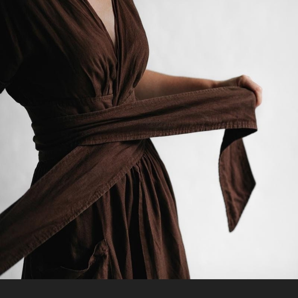 Brown Wrap Tie Front Midi Sundress